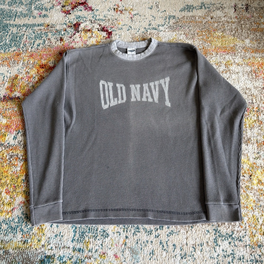 Vintage Y2K Old Navy Waffle Knit Thermal Long Sleeve Mens M Grey USA Made